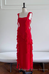 Square Neck Red Ruffle Chiffon Long Party Dress